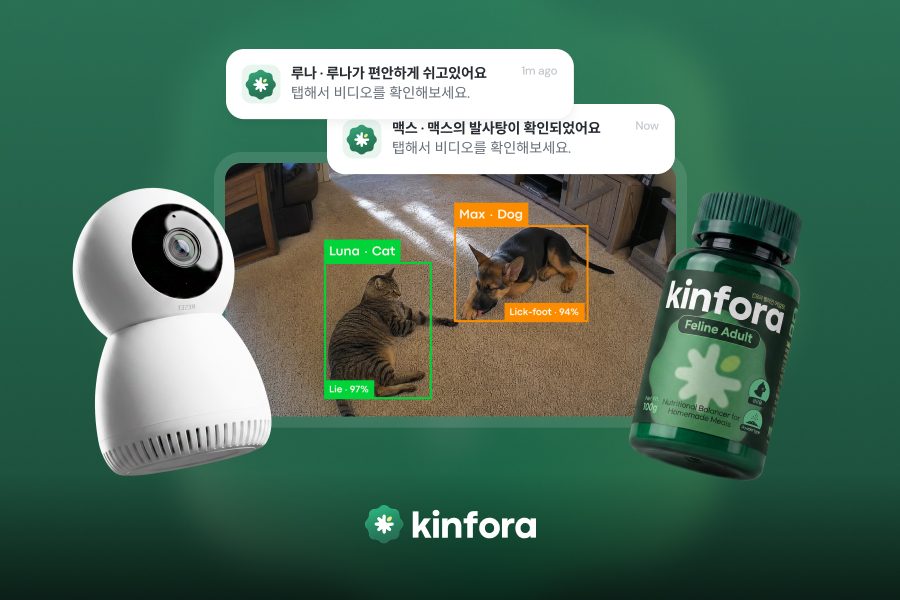 킨포라 키비주얼 - AI 펫캠이 반려동물 행동을 인식하는 화면과 영양제 제품
